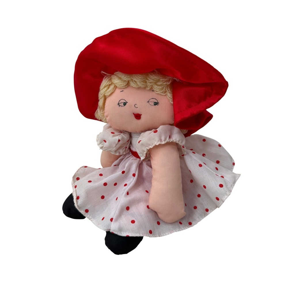 Russ Berrie Miss Kitty Rag Doll Vintage Plush Toy Red Polka Dot Dress 10‎ Inch